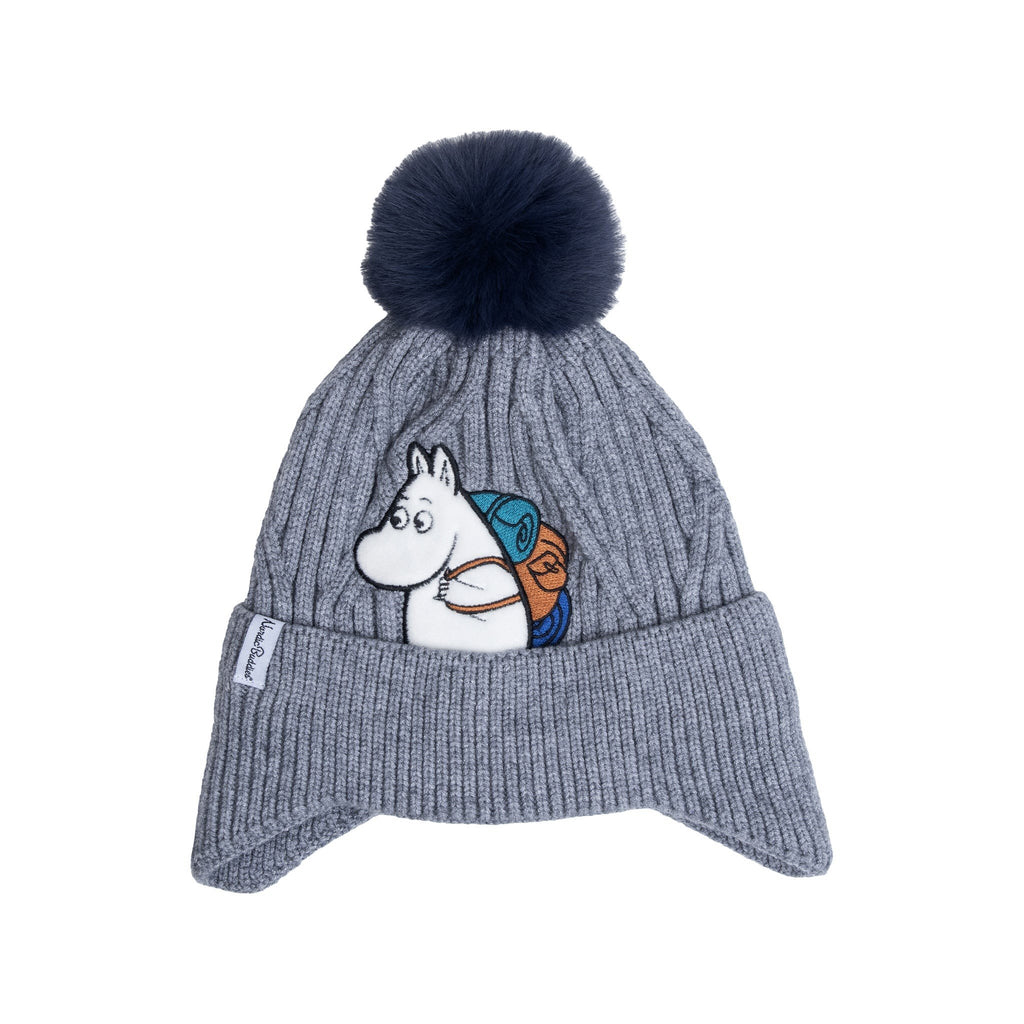 1. Kids' grey Moomintroll winter beanie with pom-pom and colorful Moomin patch, by NordicBuddies, shown on white background