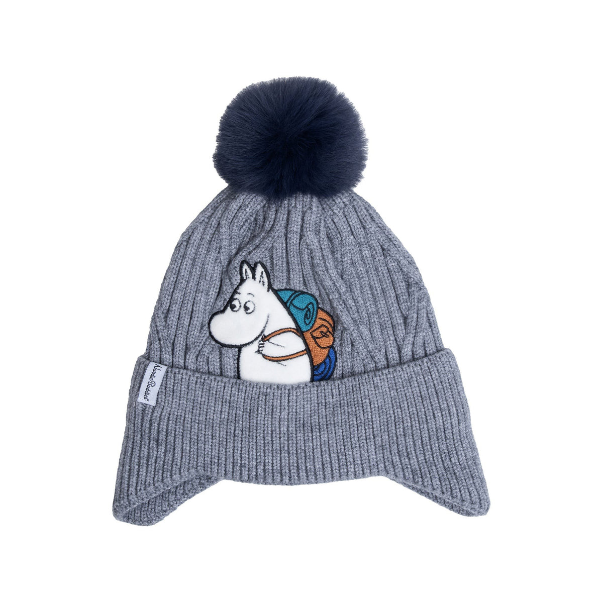 1. Kids' grey Moomintroll winter beanie with pom-pom and colorful Moomin patch, by NordicBuddies, shown on white background