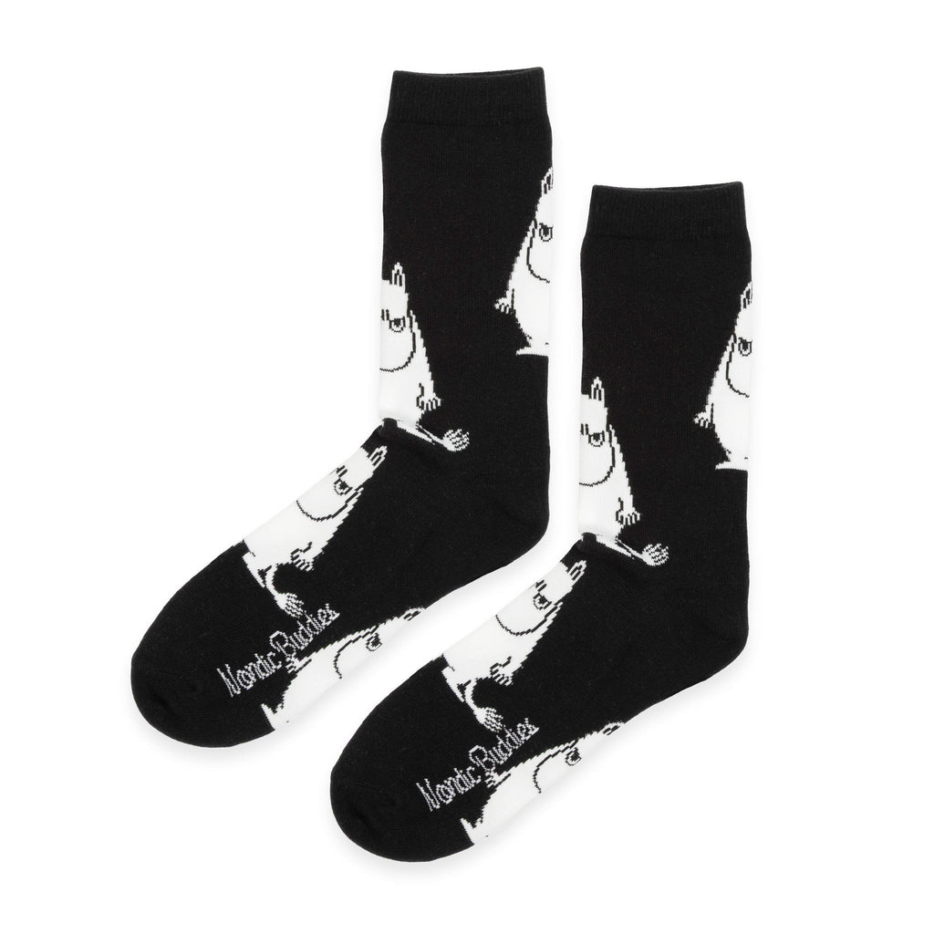 5. Pair of black socks featuring white Moomintroll pattern and NordicBuddies logo