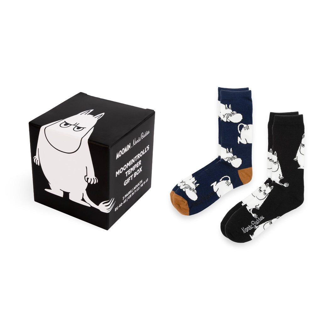 1. Moomin by NordicBuddies gift box with two pairs of socks, one navy with brown toe and one black, featuring Moomintroll pattern on white background