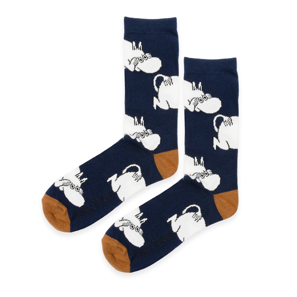4. Pair of navy socks with brown toe featuring white Moomintroll pattern from Moomin by NordicBuddies