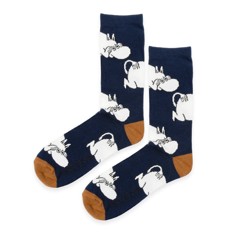 4. Pair of navy socks with brown toe featuring white Moomintroll pattern from Moomin by NordicBuddies
