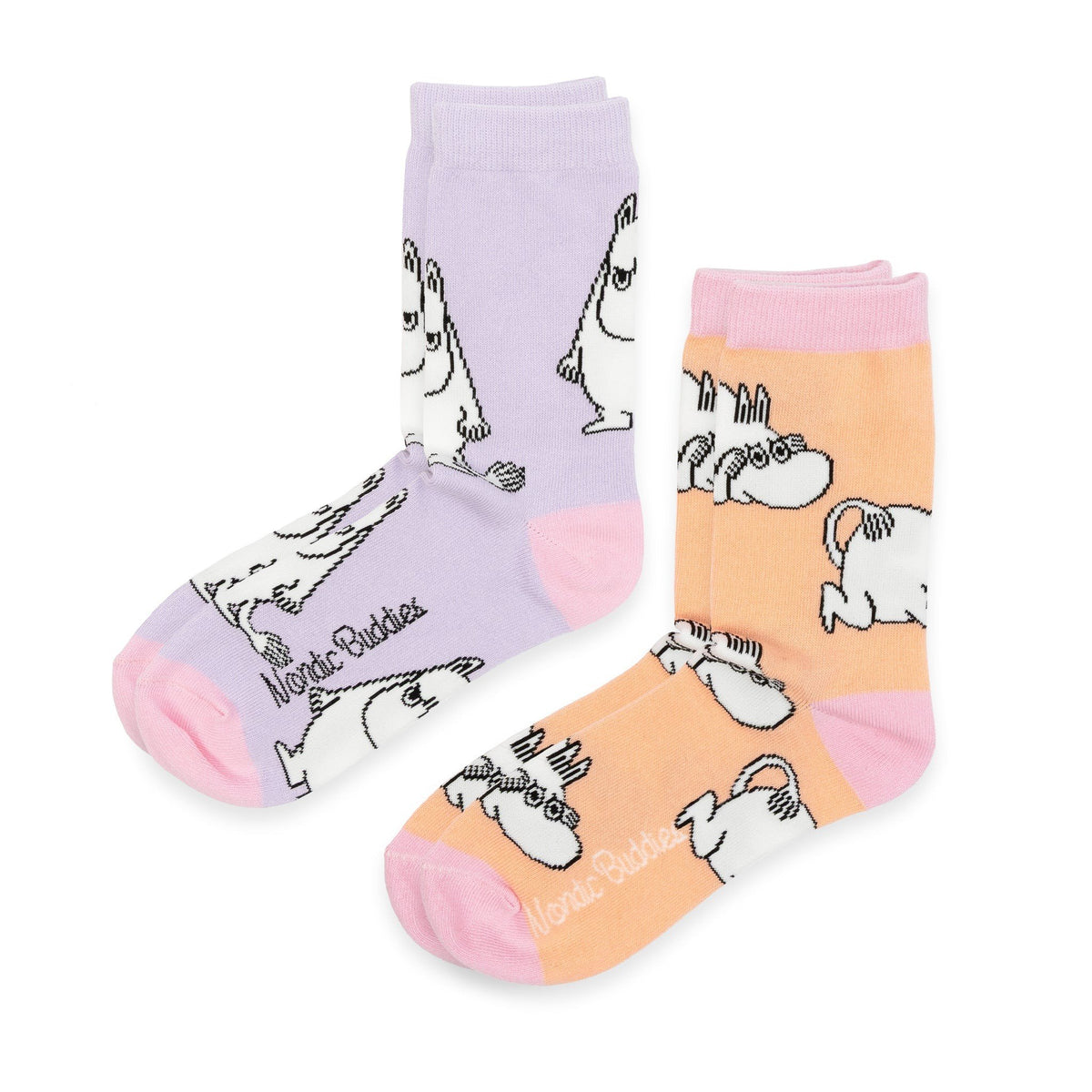 5. Two pairs of socks, one lavender and one peach, featuring Moomintroll character with pink accents