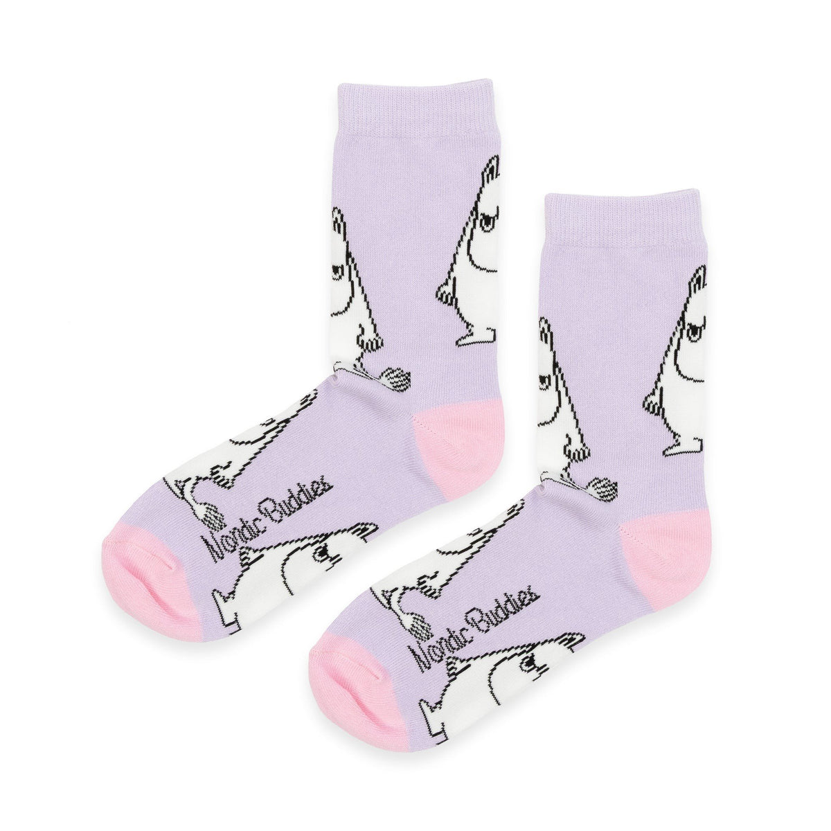 2. Lavender socks with Moomintroll character and pink accents, featuring NordicBuddies logo