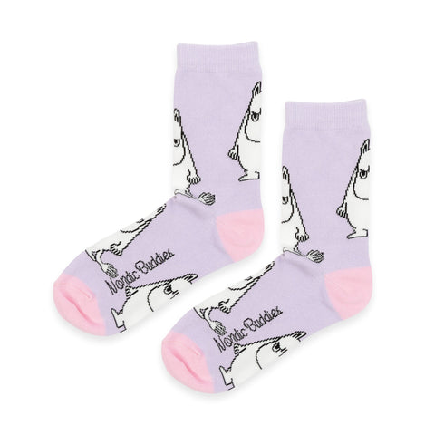 2. Lavender socks with Moomintroll character and pink accents, featuring NordicBuddies logo