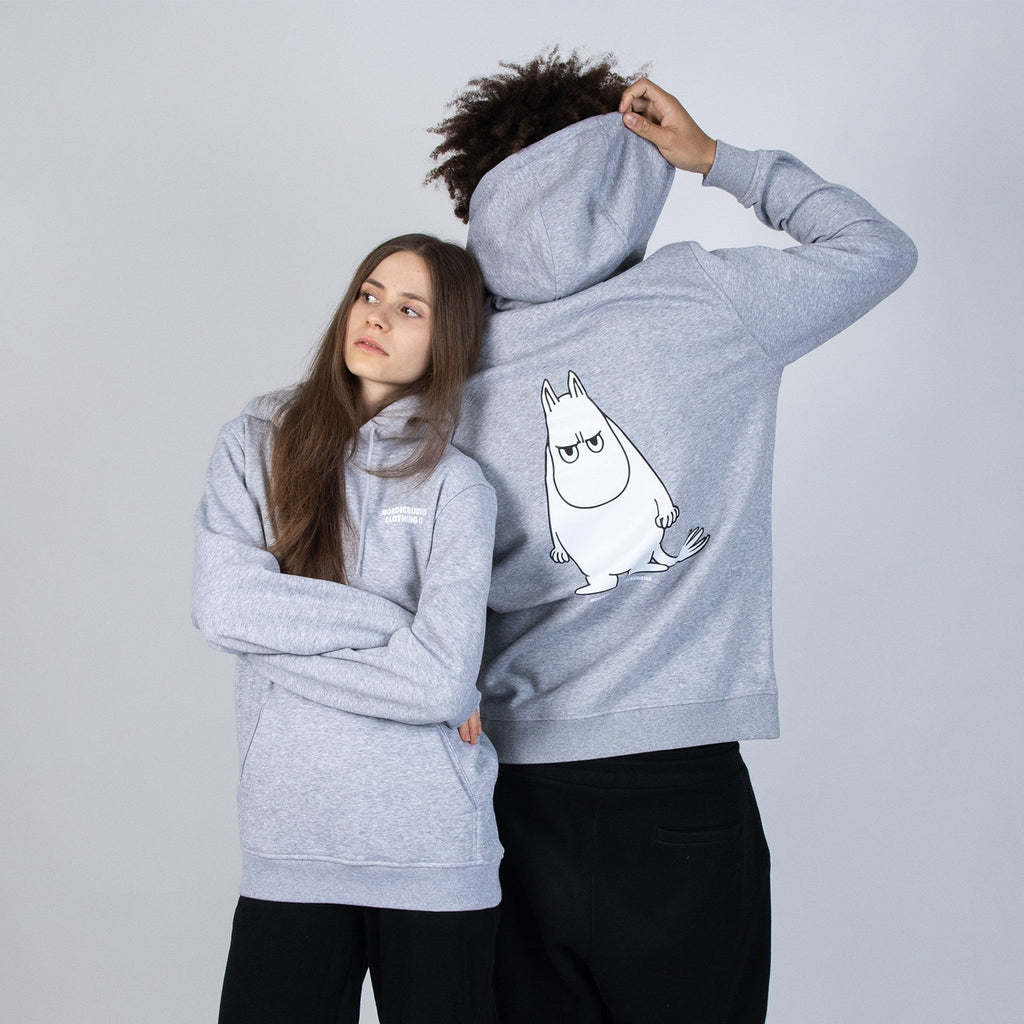 1. Unisex grey Moomintroll's Temper Hoodie worn by male and female models, showcasing back design in studio