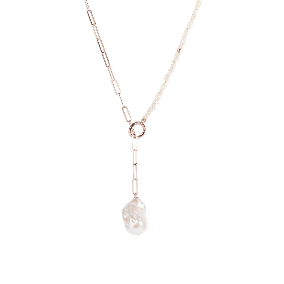 3. MyaMoon Mother-Pearl Choker with rose gold plated chain, highlighting pearl and paper-clip chain design in studio