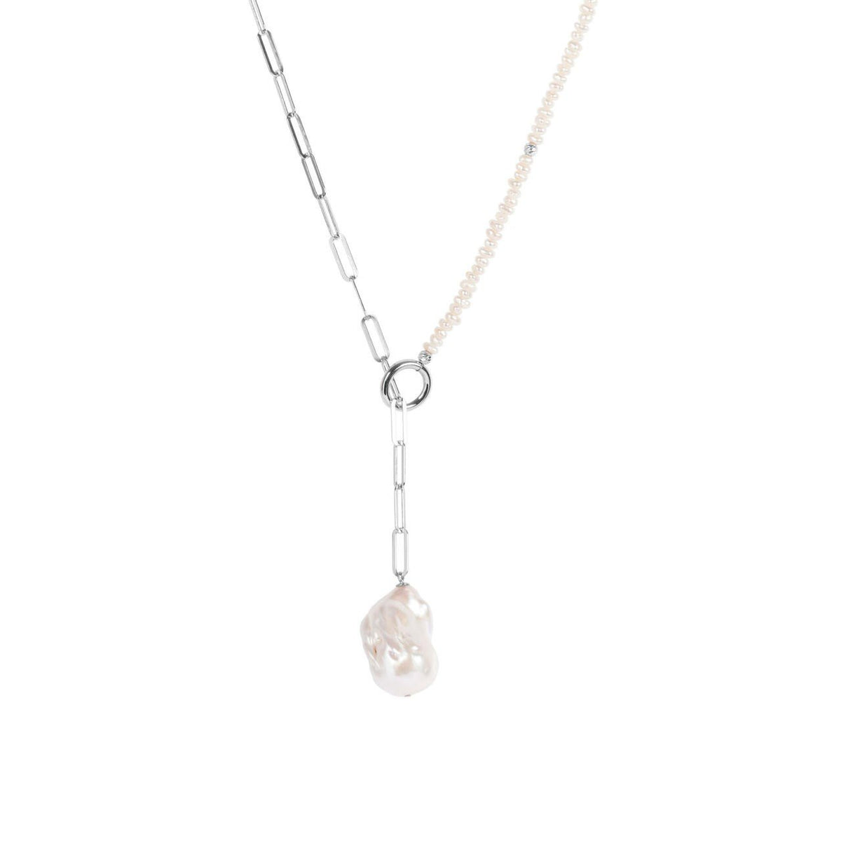 2. MyaMoon Mother-Pearl Choker with silver rhodium chain, featuring paper-clip chain and pearl detail in studio setting