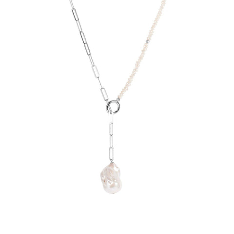 2. MyaMoon Mother-Pearl Choker with silver rhodium chain, featuring paper-clip chain and pearl detail in studio setting