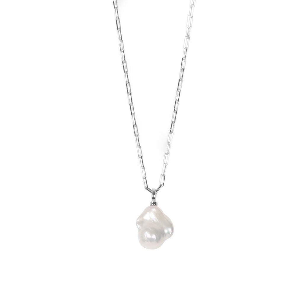 2. MyaMoon Mother-Pearl Drop Necklace in silver rhodium with baroque pearl pendant, studio shot