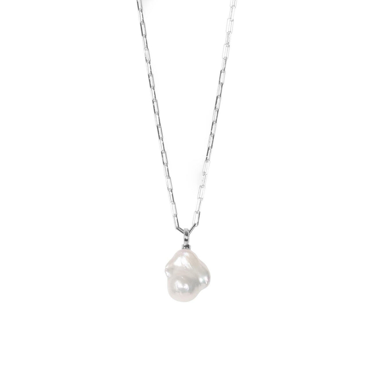 2. MyaMoon Mother-Pearl Drop Necklace in silver rhodium with baroque pearl pendant, studio shot