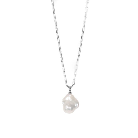 2. MyaMoon Mother-Pearl Drop Necklace in silver rhodium with baroque pearl pendant, studio shot