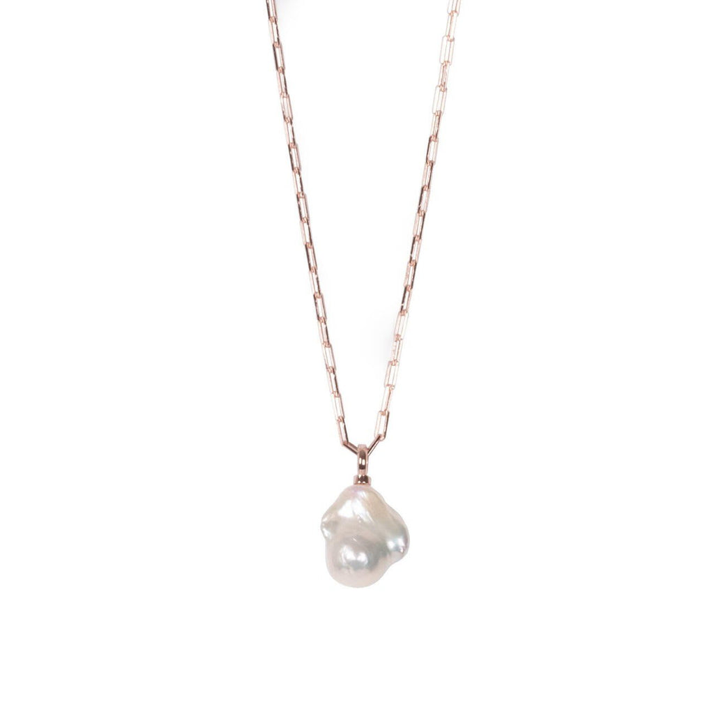 1. MyaMoon Mother-Pearl Drop Necklace in rose gold with baroque pearl pendant, studio shot