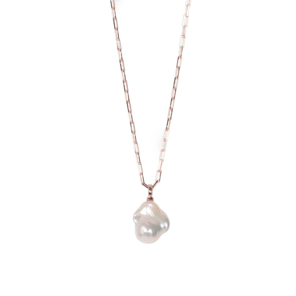 1. MyaMoon Mother-Pearl Drop Necklace in rose gold with baroque pearl pendant, studio shot