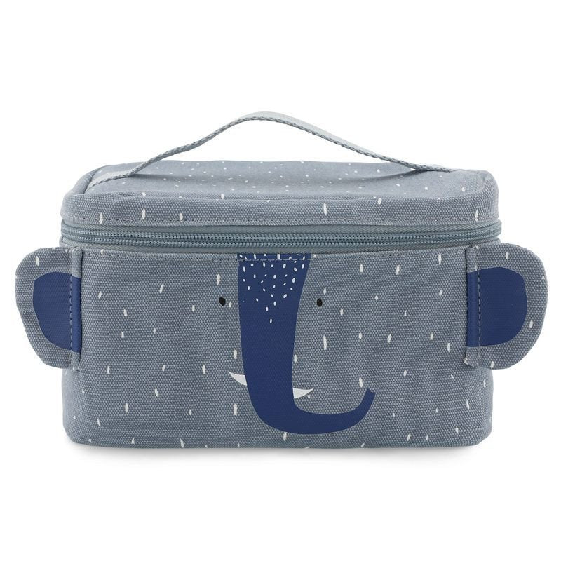 2. Front view of Trixie Baby Mr. Elephant thermal lunch bag in blue with playful elephant face design and handle