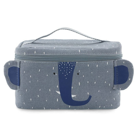 2. Front view of Trixie Baby Mr. Elephant thermal lunch bag in blue with playful elephant face design and handle