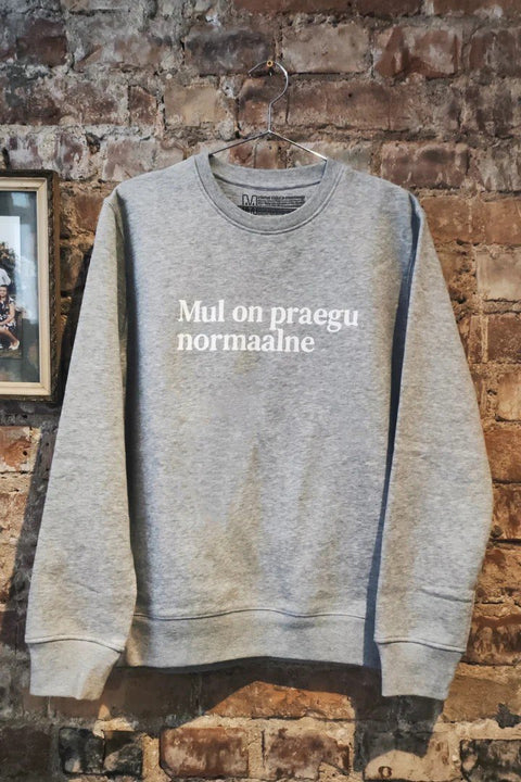 1. Heavy Mental grey pullover sweatshirt with 'Mul on praegu normaalne' text, displayed on a hanger against a brick wall