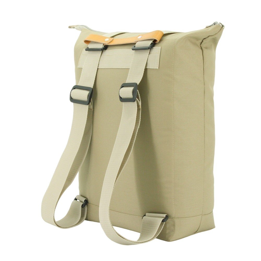 7. Angled back view of Noel beige multifunctional bag, showing strap details and padded back