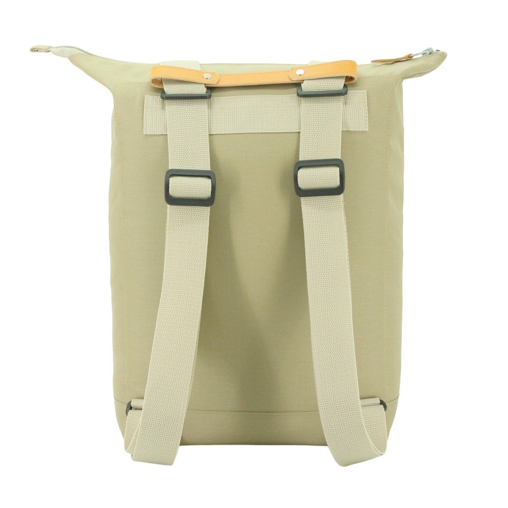6. Back view of Noel beige bag, highlighting strap buckles and waterproof design