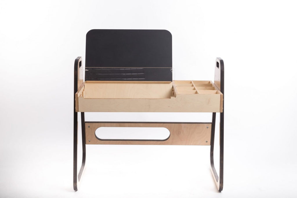 2. Front view of Luula Julle table with open chalkboard and storage compartments on a white background