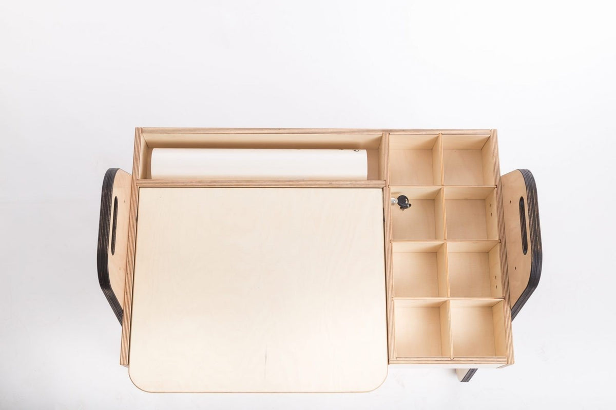 4. Top view of Luula Julle table showing storage layout and paper roll