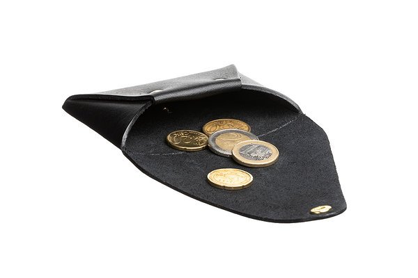 6. Black leather coin pouch open with coins inside on white background