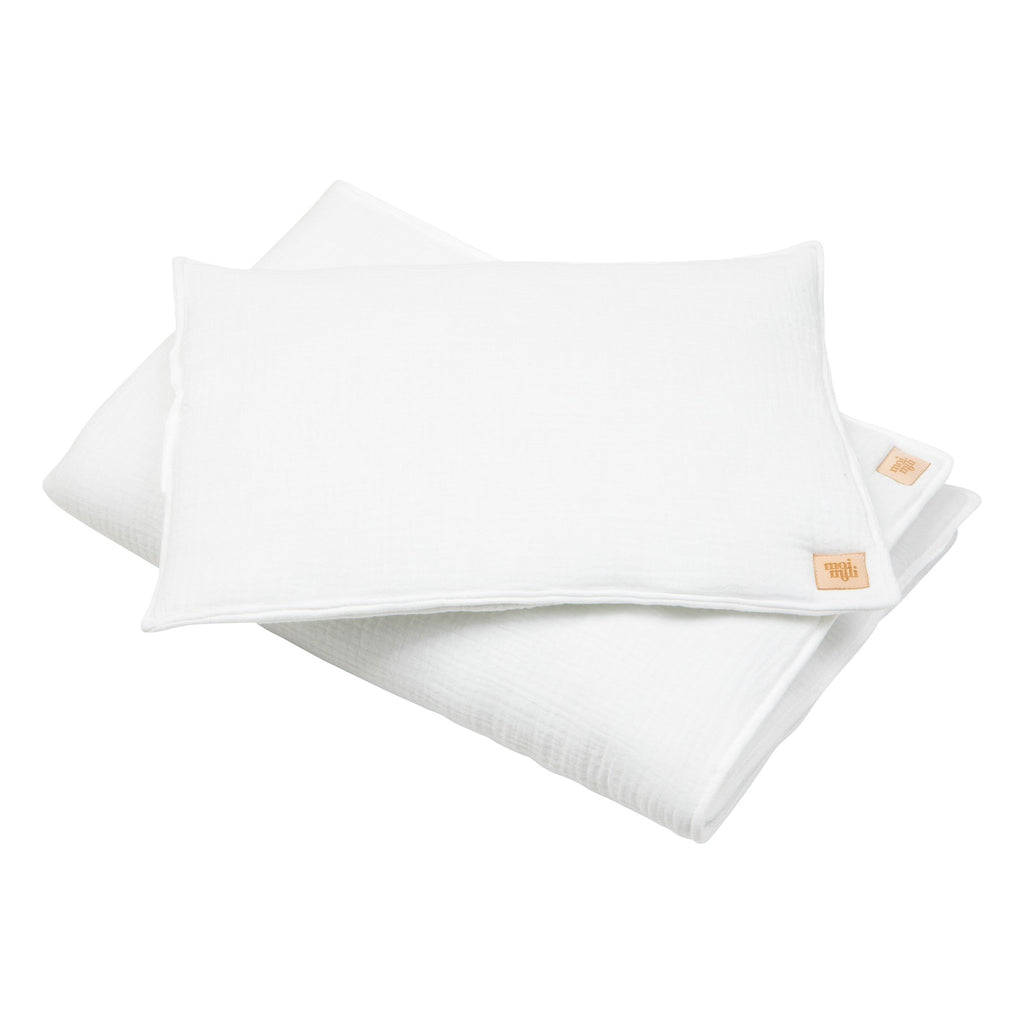 2. Cream muslin baby blanket and pillow set with Moi Mili logo on white background