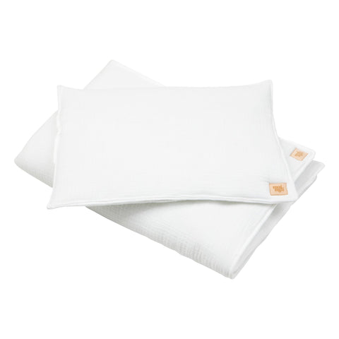 2. Cream muslin baby blanket and pillow set with Moi Mili logo on white background