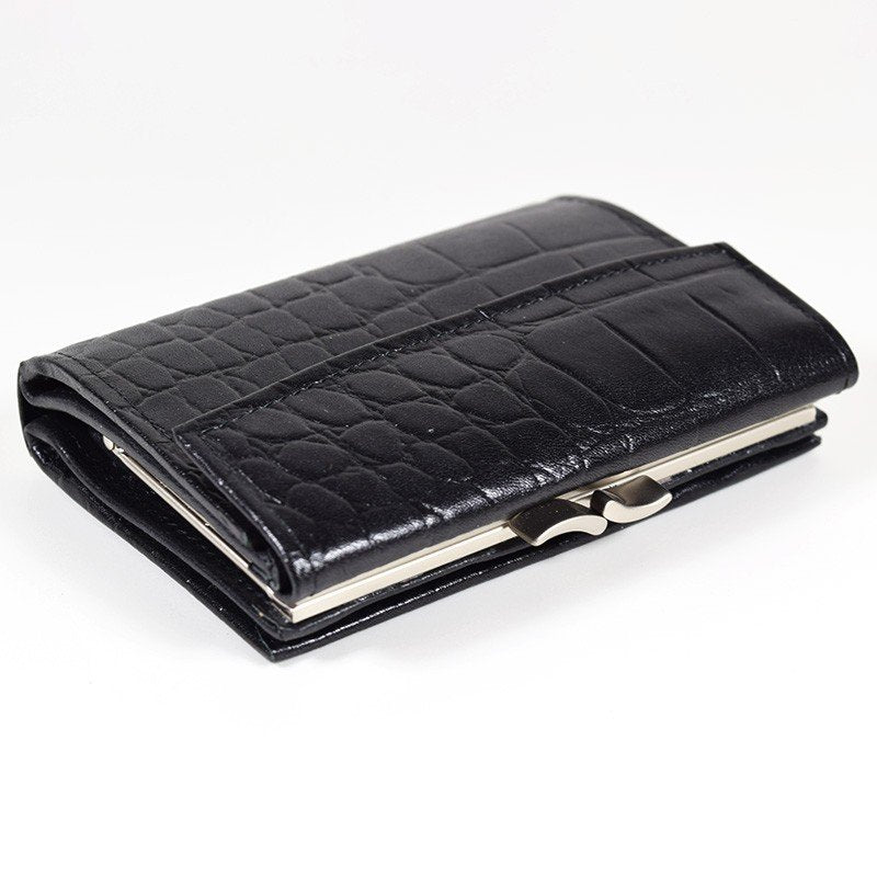13. Studio shot of black crocodile-patterned Papillon women's leather wallet, showcasing textured design