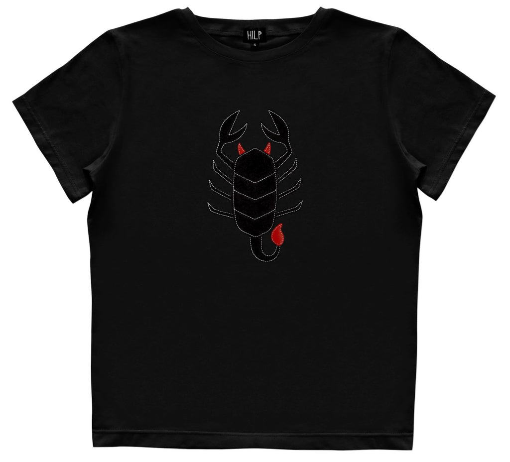 5. Women's Scorpio T-shirt by HILP in black, featuring a black scorpion design, studio shot