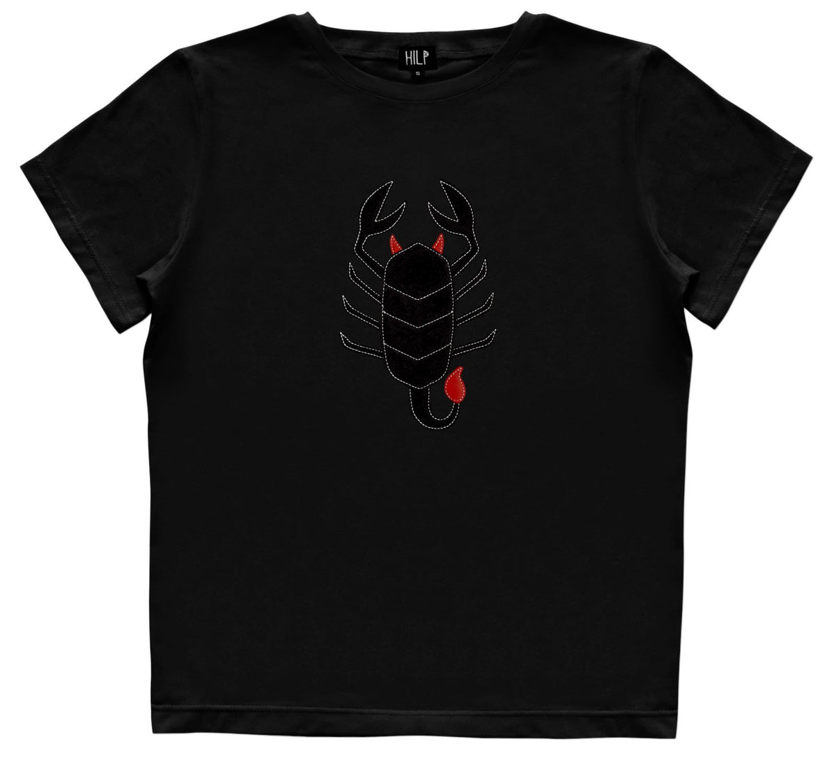 5. Women's Scorpio T-shirt by HILP in black, featuring a black scorpion design, studio shot