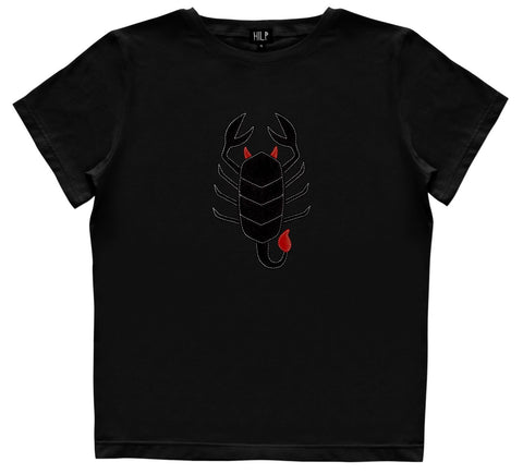 5. Women's Scorpio T-shirt by HILP in black, featuring a black scorpion design, studio shot