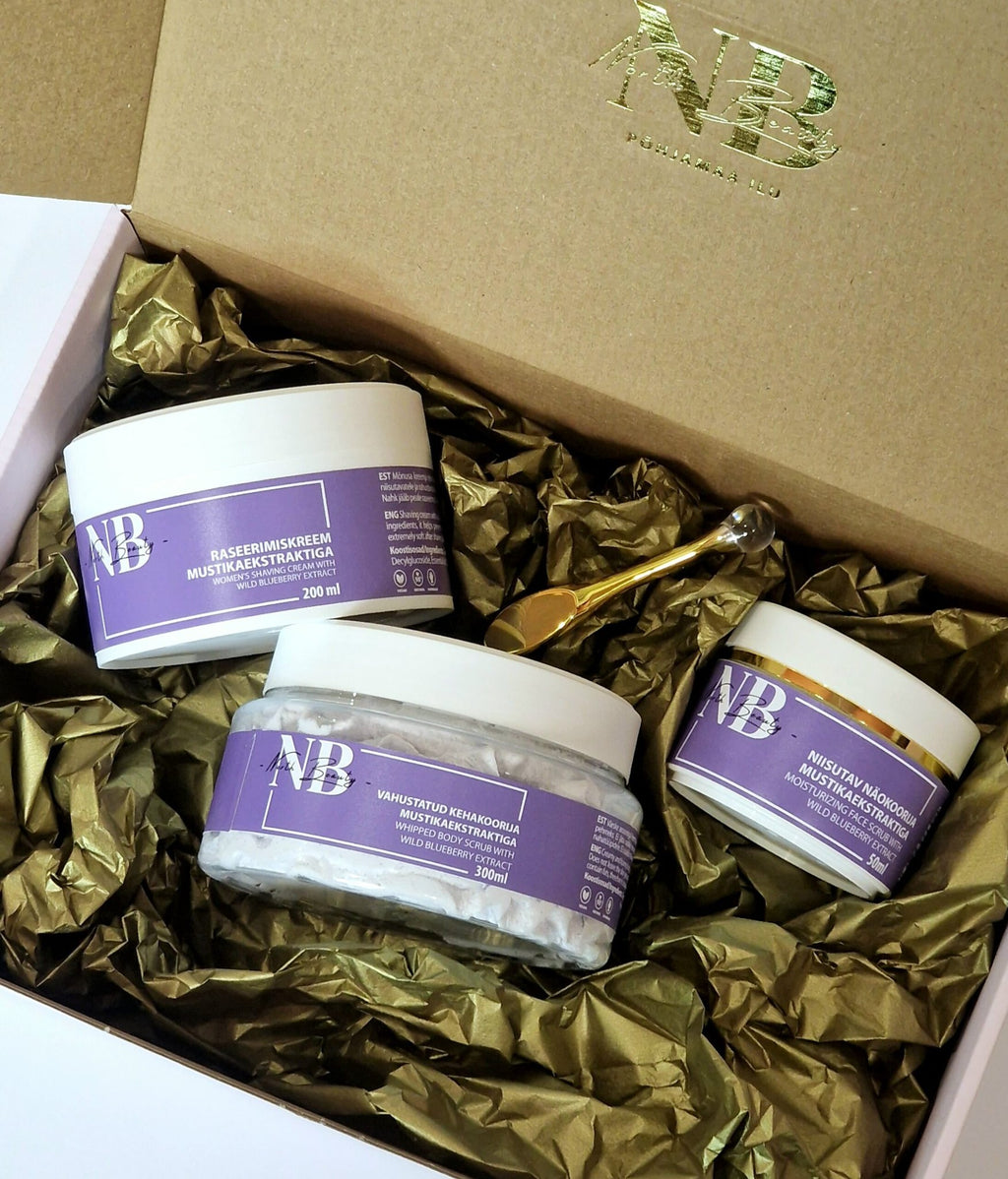 2. North Beauty Blueberry Extract Body Care Kit in gift box with body scrub, shaving cream, and facial exfoliator