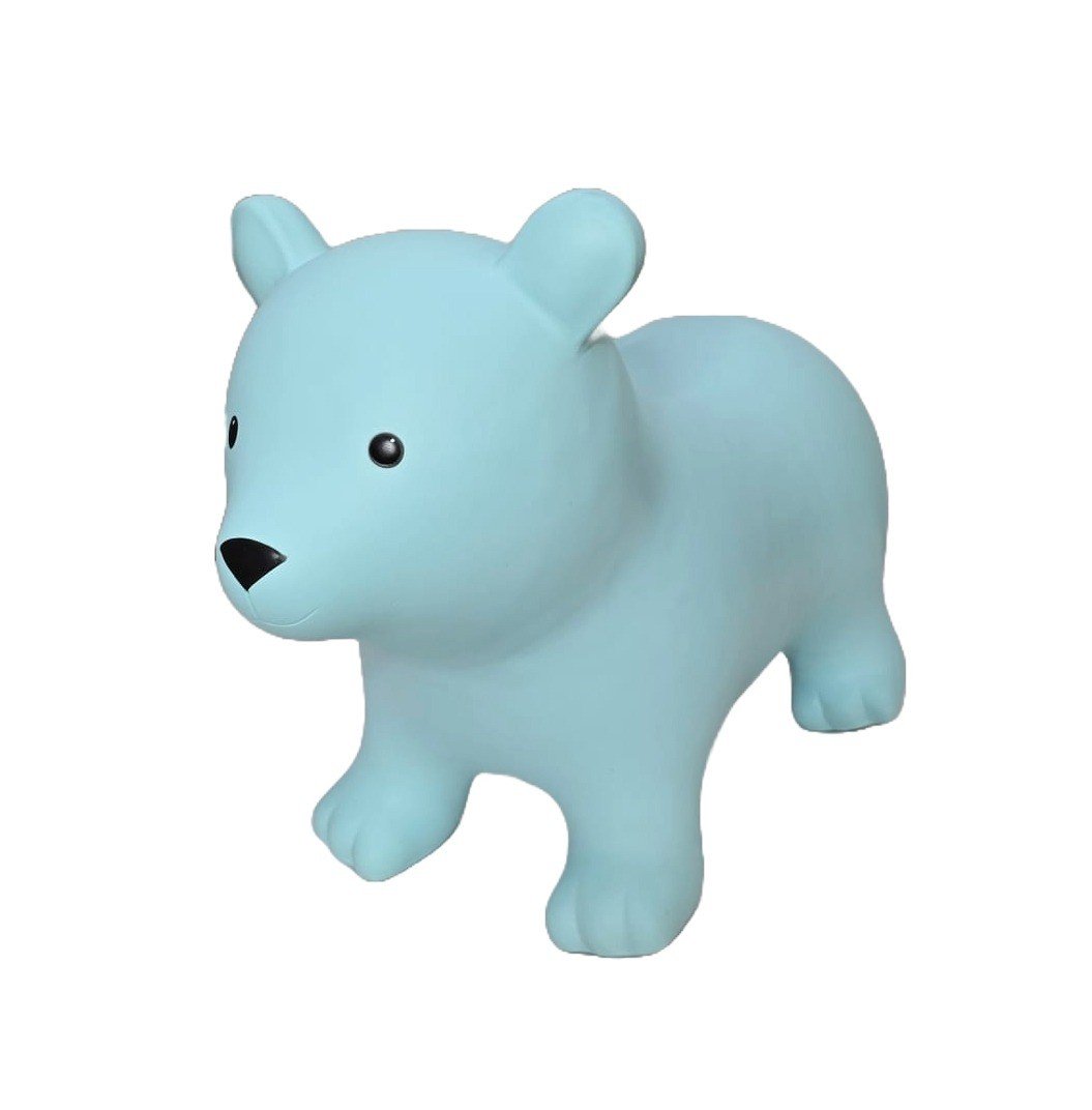 2. Blue bear-shaped hopper toy made from non-slip, food-grade material suitable for children 12 months and up, shown in studio setting highlighting its playful design and durability