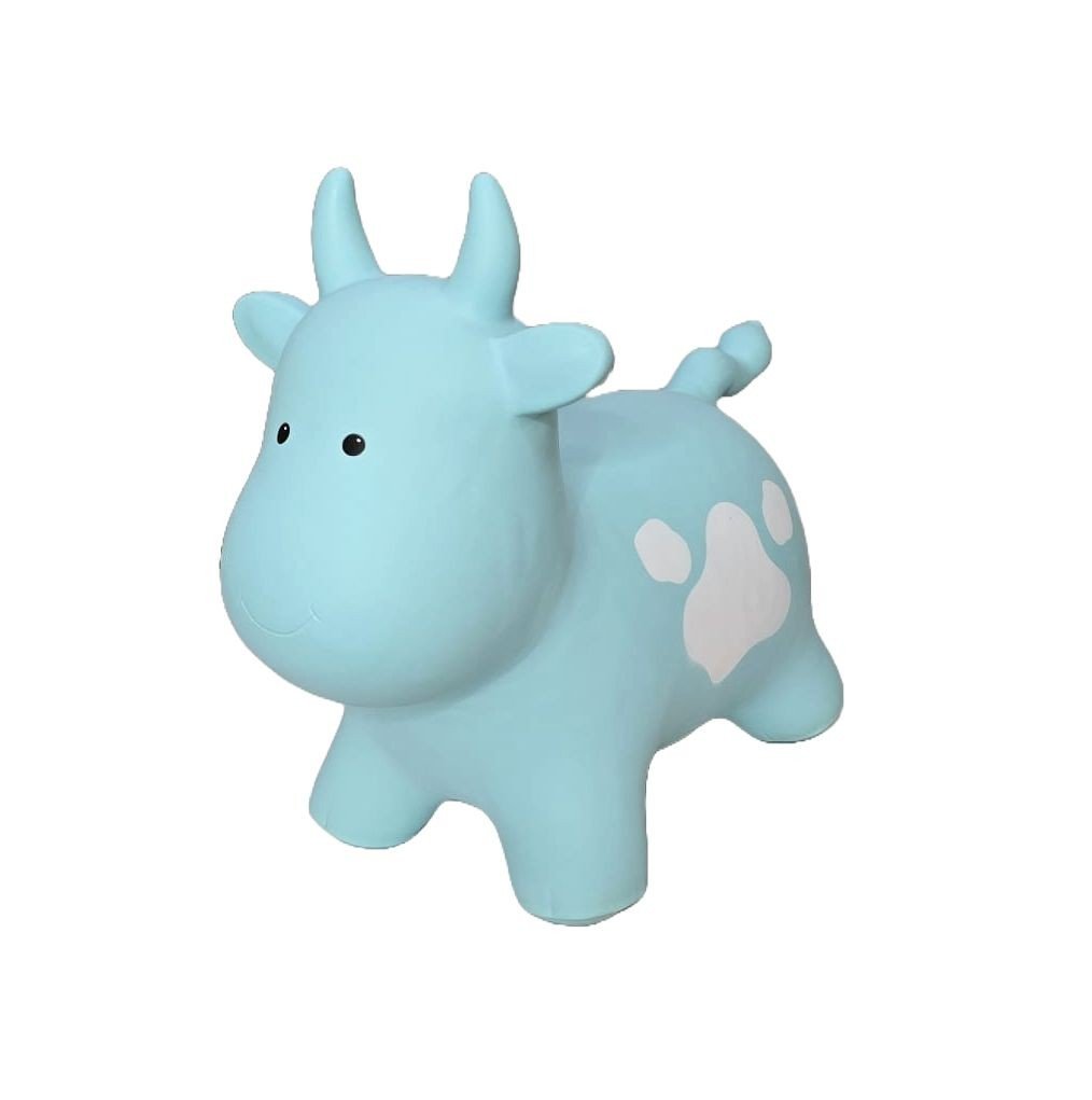 1. Blue cow-shaped hopper toy for children made from non-slip, food-grade material, featuring white spots and horns, suitable for indoor and outdoor play, designed to build balance and coordination.