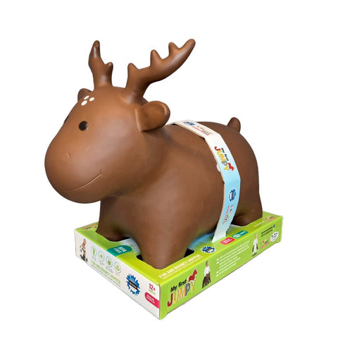 2. Brown moose-shaped hopper toy packaged in a colorful box with branding and safety icons, suitable for children 12 months and up