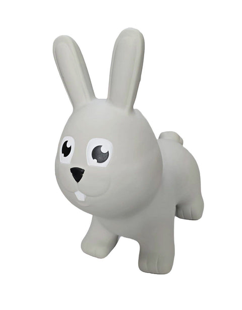 1. Grey bunny-shaped hopper toy with big eyes and long ears, made from non-slip food-grade material, suitable for children and adults, shown on a white background