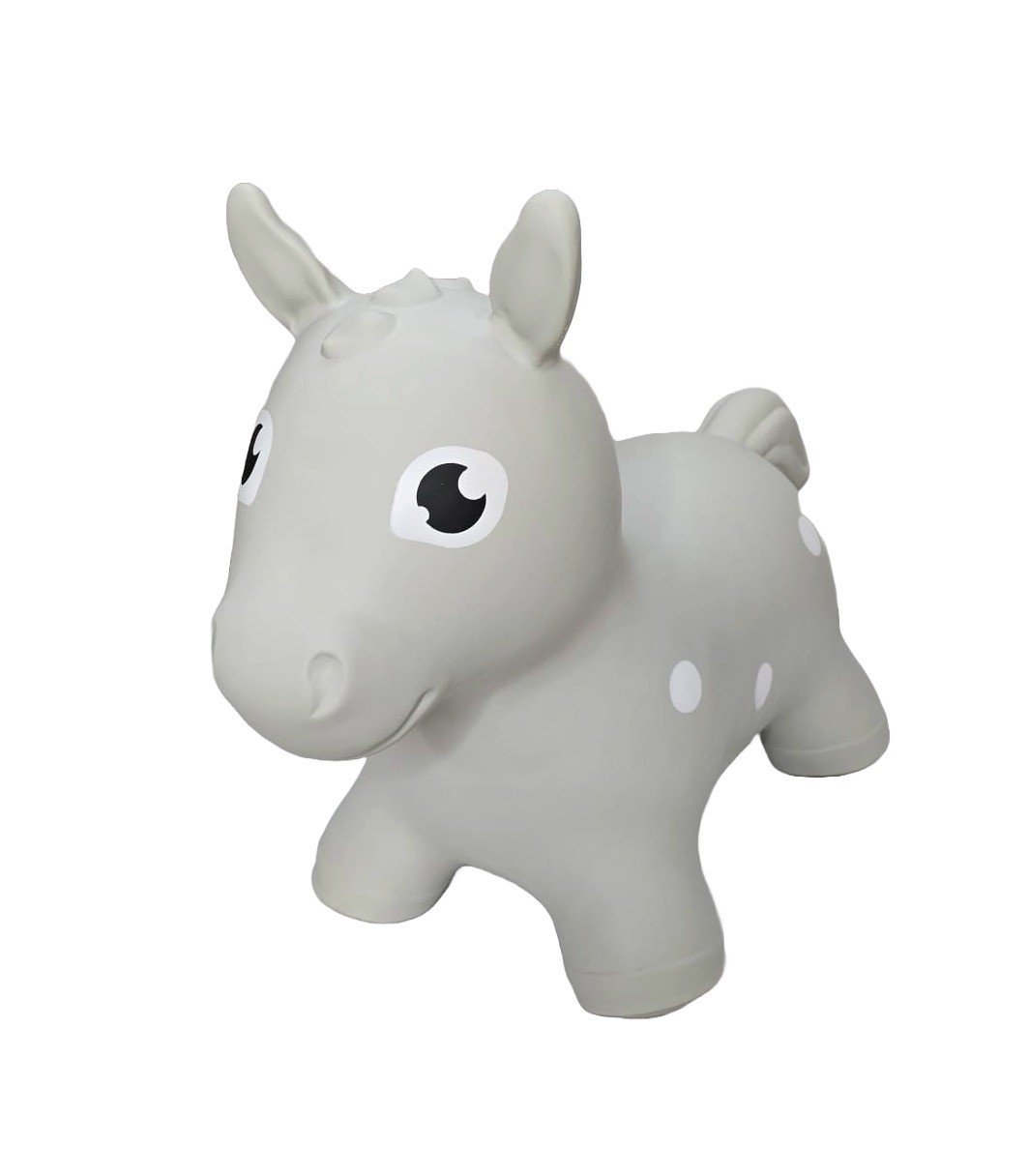 1. Grey horse-shaped hopper toy for children made from non-slip, food-grade material with white spots and cartoon eyes, suitable for indoor and outdoor play, by Gerardo's Toys.