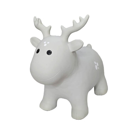 1. Grey moose-shaped hopper toy made from non-slip food-grade material, featuring antlers and a smiling face, designed for active play and balance development for children 12 months and up.