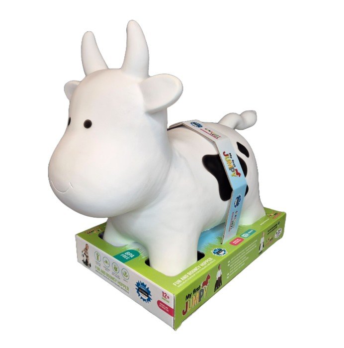 2. Gerardo's Toys My First JUMPY white cow hopper toy in packaging with green base