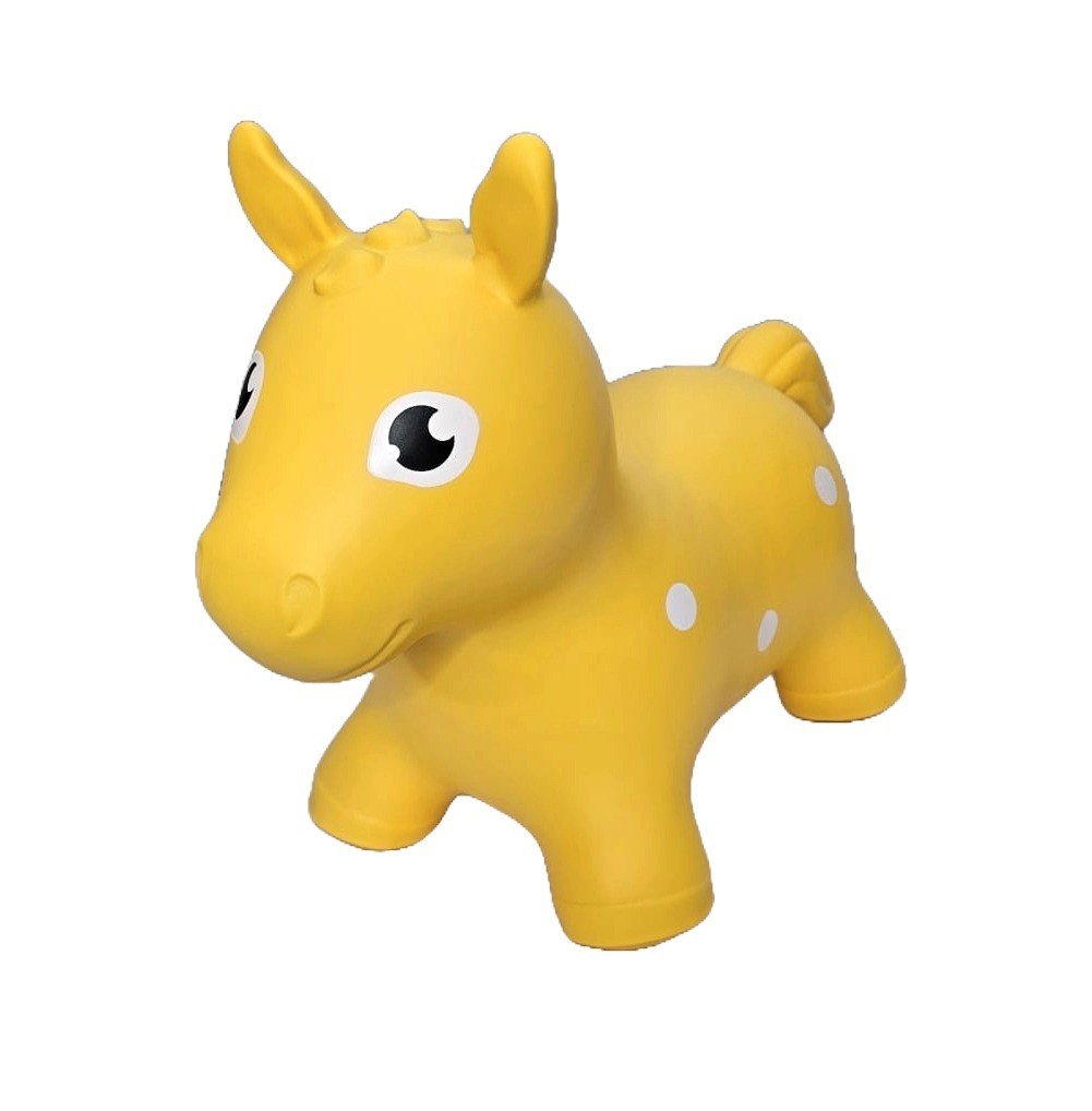 2. Yellow horse-shaped hopper toy with white spots made from non-slip food-grade material, suitable for children and adults, shown in studio setting