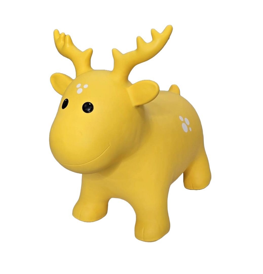2. Yellow moose-shaped hopper toy made from non-slip food-grade material, featuring white spots and black eyes, shown in a studio setting