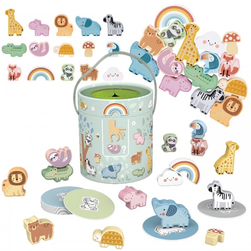 1. Woopie Let's Go Green Mystery Box with colorful wooden animal shapes and matching cards displayed around the box