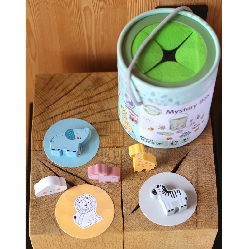4. Woopie Mystery Box with animal shapes and matching cards on wooden blocks
