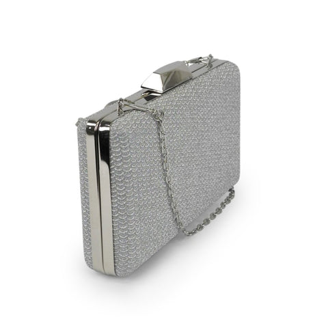 2. Side view of Nabo Evening Bag NK 2239 in silver, showing metal frame and chain strap