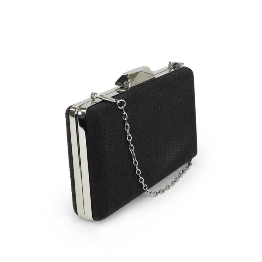 2. Side view of Nabo Evening Bag NK 2239 in black, showcasing sleek metal frame and chain strap