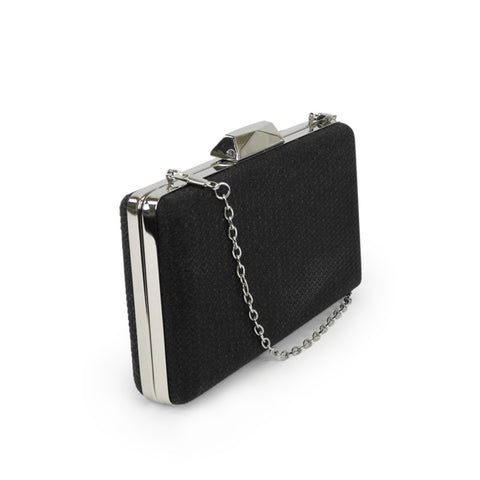 2. Side view of Nabo Evening Bag NK 2239 in black, showcasing sleek metal frame and chain strap