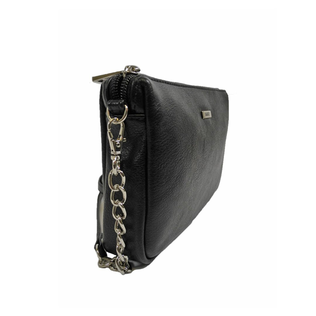 3. Side view of Nabo L2509 black shoulder bag highlighting chain strap and zipper