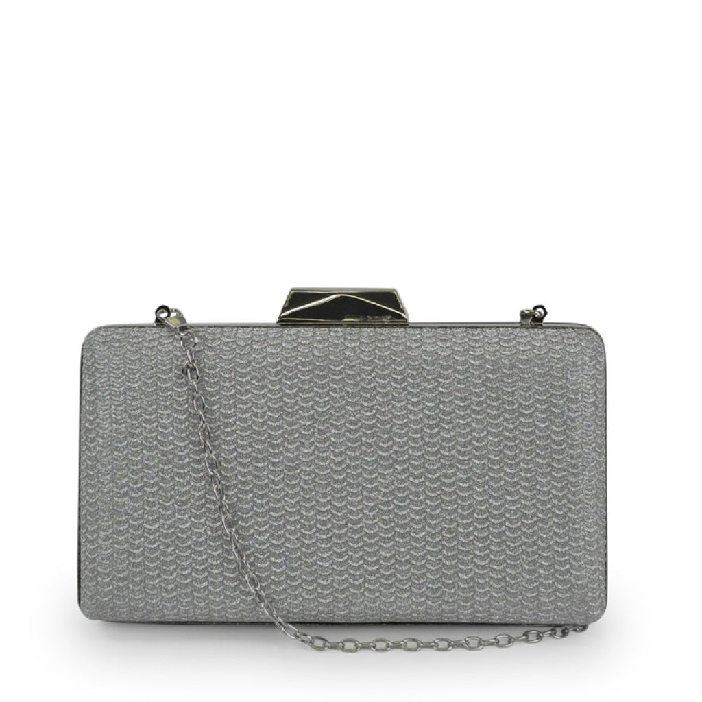 1. Nabo Evening Bag NK 2239 in silver with metal frame and chain strap, front view