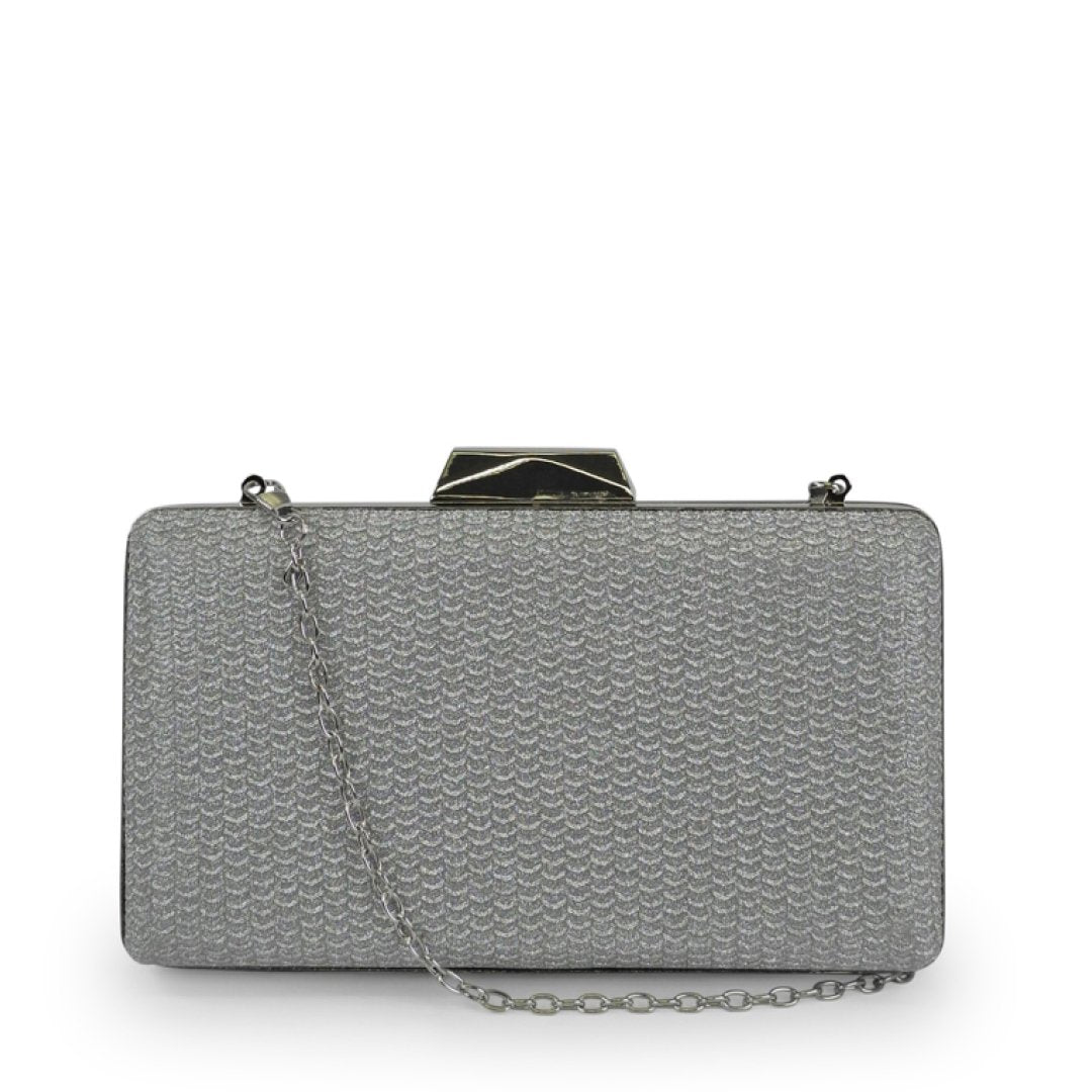 1. Nabo Evening Bag NK 2239 in silver with metal frame and chain strap, front view